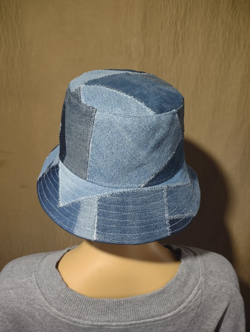 Handmade Upcycled Reversible Patchwork Denim & Navy Bucket Hat - Picture 7 of 12